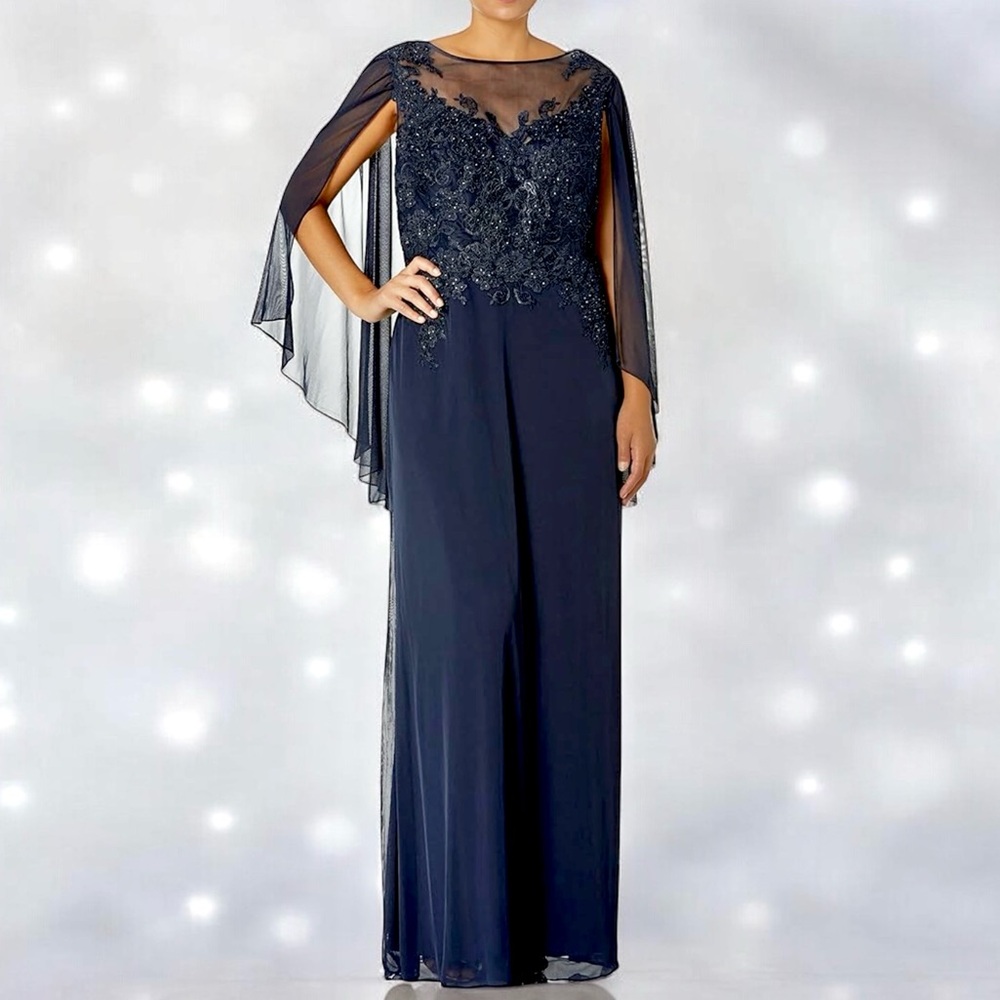 Cachet Boat Neck Cape Sleeve Gown